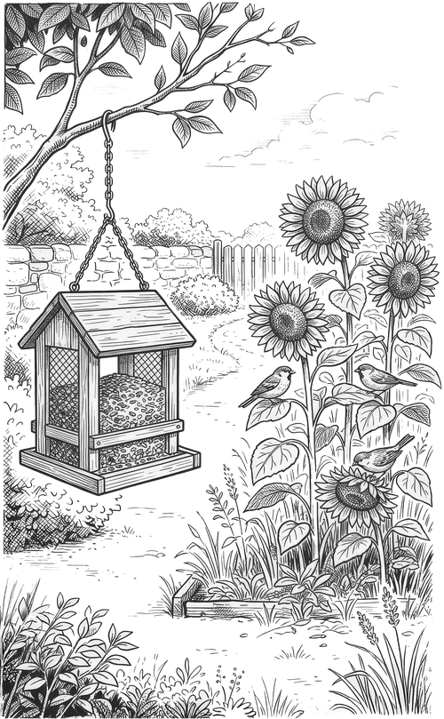 bird feeder fable illustration